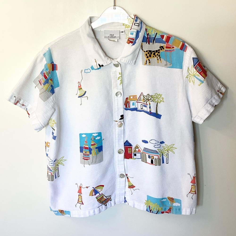 Hot Cotton White Multicolor Graphic Button-Down Shirt